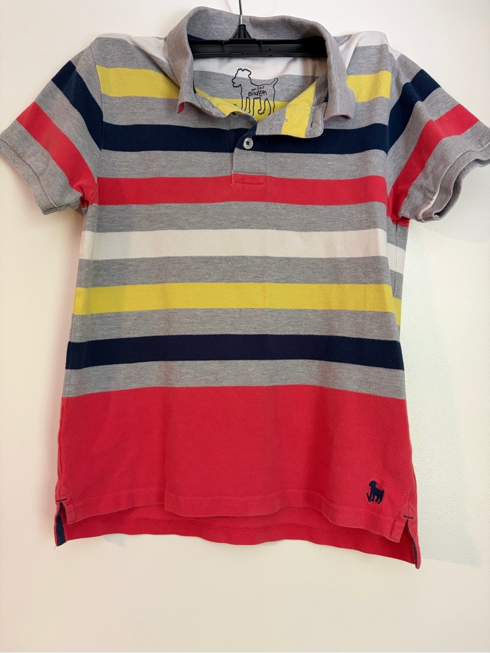 Mini Boden Boys Striped Piqué Polo Shirt – Size 9-10Y – Gray/Red/Navy/Yellow